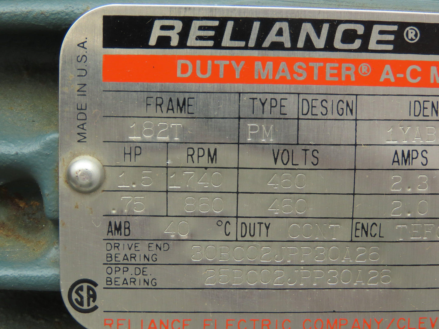 Reliance 1YAB51836A1 Duty Master A-C Electric Motor 1.5HP 1740RPM 460V 3PH 182T