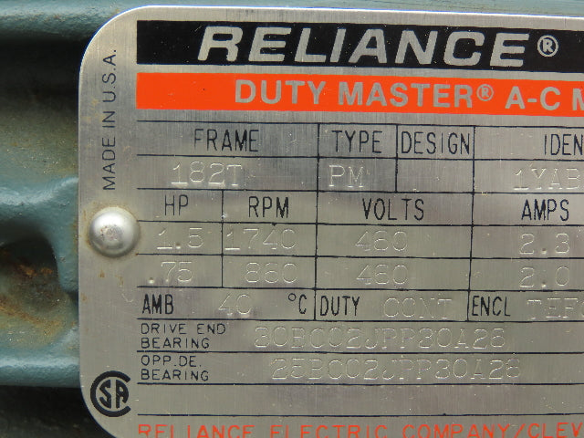 Reliance 1YAB51836A1 Duty Master A-C Electric Motor 1.5HP 1740RPM 460V 3PH 182T