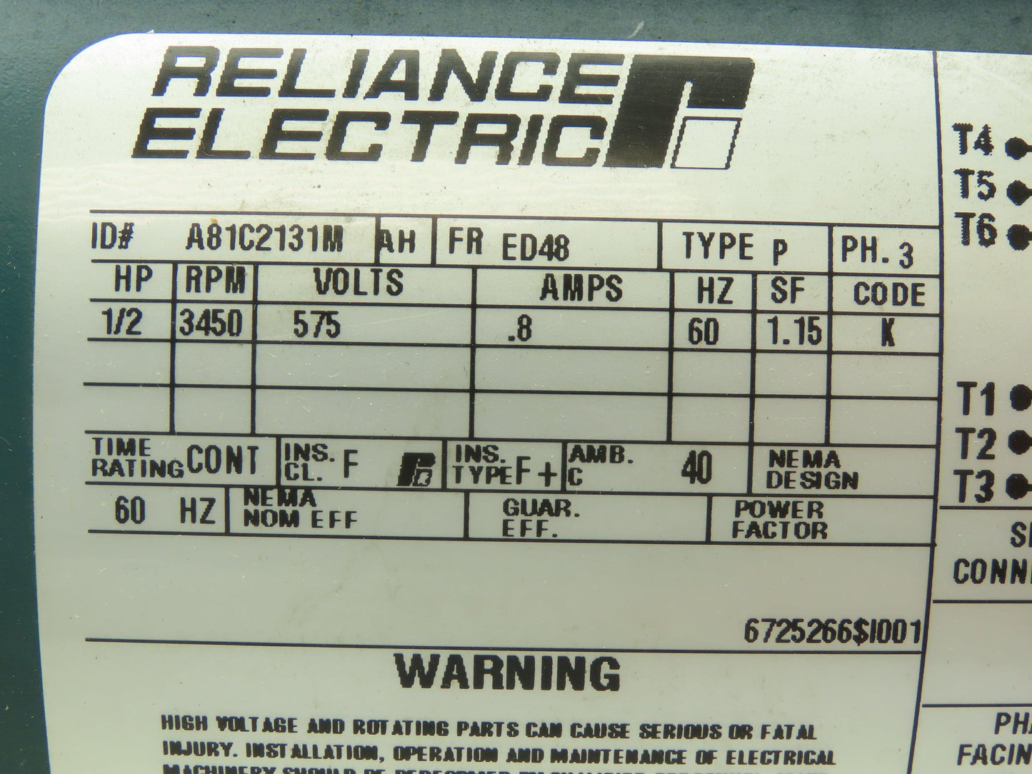 Reliance A81C2131M Electric Motor 1/2HP 3450RPM 575V 3PH 1/2"Shaft ED48 Frame