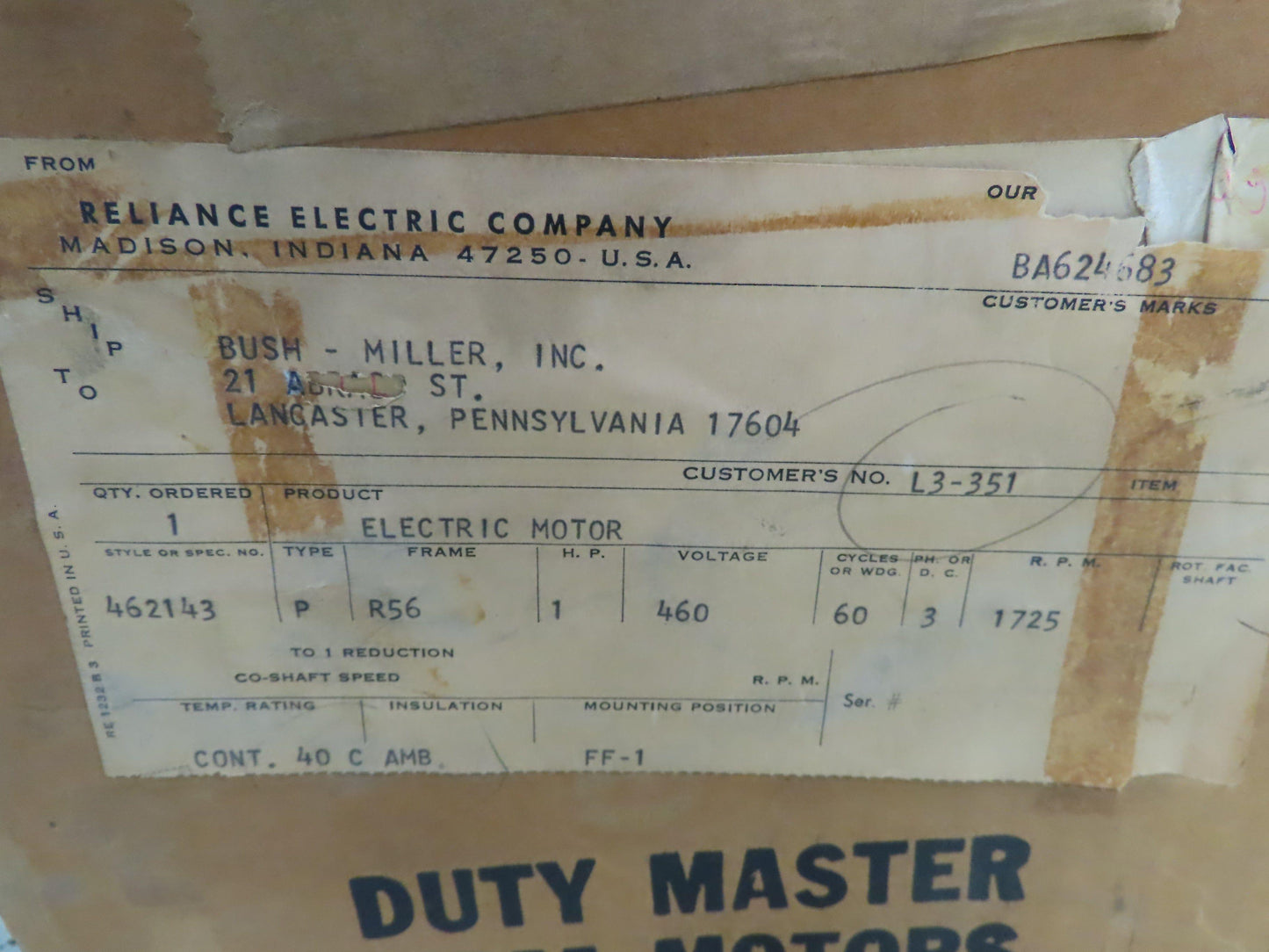 Reliance 462143-HZ Duty Master AC Electric Motor 1HP 1725RPM 460V 3PH R56 Frame