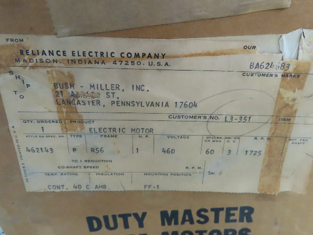 Reliance 462143-HZ Duty Master AC Electric Motor 1HP 1725RPM 460V 3PH R56 Frame