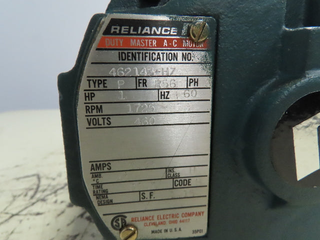 Reliance 462143-HZ Duty Master AC Electric Motor 1HP 1725RPM 460V 3PH R56 Frame