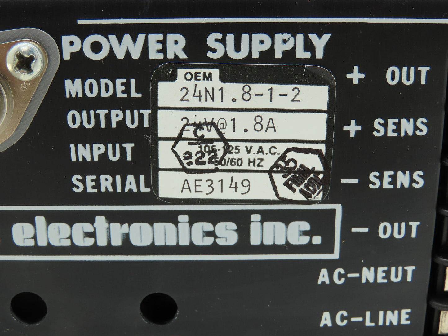 ACDC Electronics 24N1.8-1-2 Industrial Power Supply 24V Output 105-125VAC Input