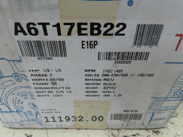 Leeson A6T17EB22 Electric Motor 1/3HP 1725RPM 460V 3PH 56 Fr Hazardous Location