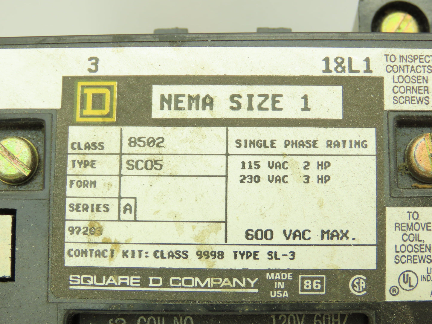 Square D Class 8502 Type SC05 Ser A Motor Starter 600V 1PH 2P 120V Coil NEMA 1