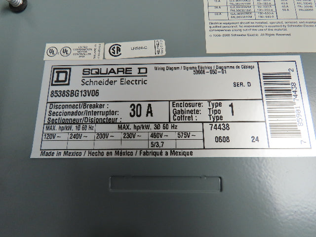 Square D 8538SBG13V06 Combination Starter Motor Control 30A 600V 3 Ph NEMA 0