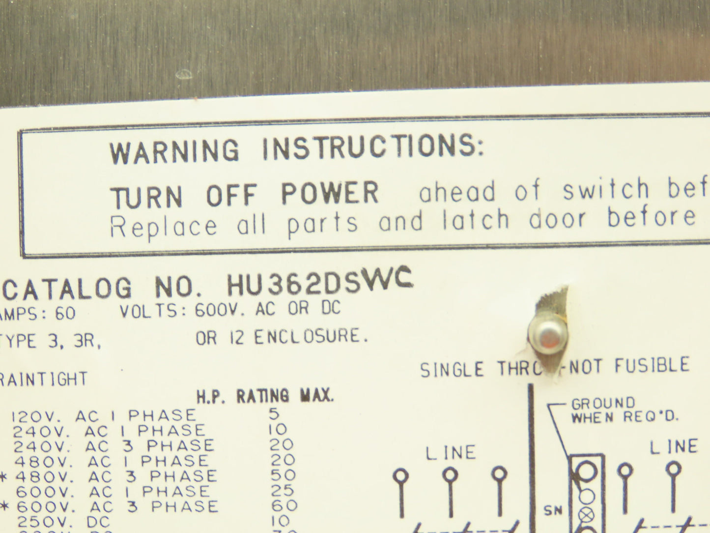 Square D HU362DSWC Safety Disconnect Switch 60 Amp 600V 3 Pole Crouse Hinds E1
