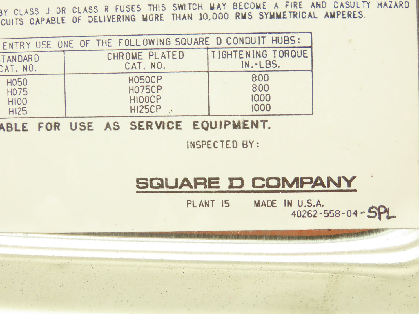 Square D HU362DSWC Safety Disconnect Switch 60 Amp 600V 3 Pole Crouse Hinds E1