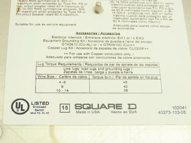 Square D HU362DSWC Safety Disconnect Switch 60 Amp 600V 3 Pole Crouse Hinds F07