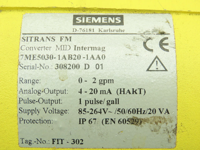 Siemens 7ME5030-1AB20-1AA0 SITRANS FM MID Intermag Flowmeter Transmitter 0-2 GPM