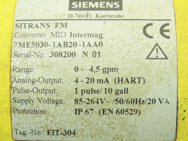 Siemens 7ME50301AB201AA0 SITRANS FM MID Intermag Flowmeter Transmitter 0-4.5 GPM