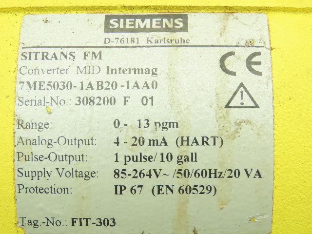 Siemens 7ME50301AB201AA0 SITRANS FM MID Intermag Flowmeter Transmitter 0-13 GPM