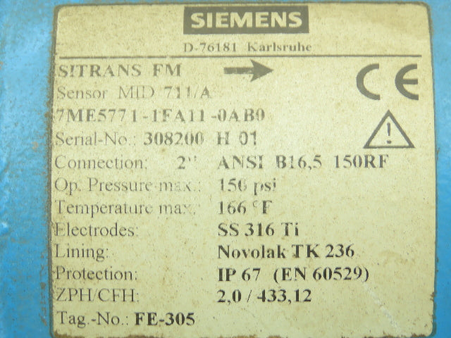 Siemens SITRANS FM MID 711/A Flowmeter Sensor 2" Flanged 150PSI Novolak TK 236