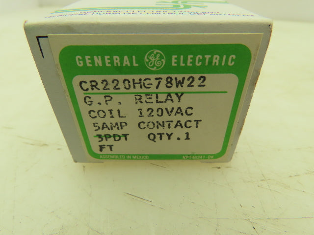 General Electric CR220HG78W22 GP Relay 120V 50/60 Hz 5 A 3PDT Contact With Base
