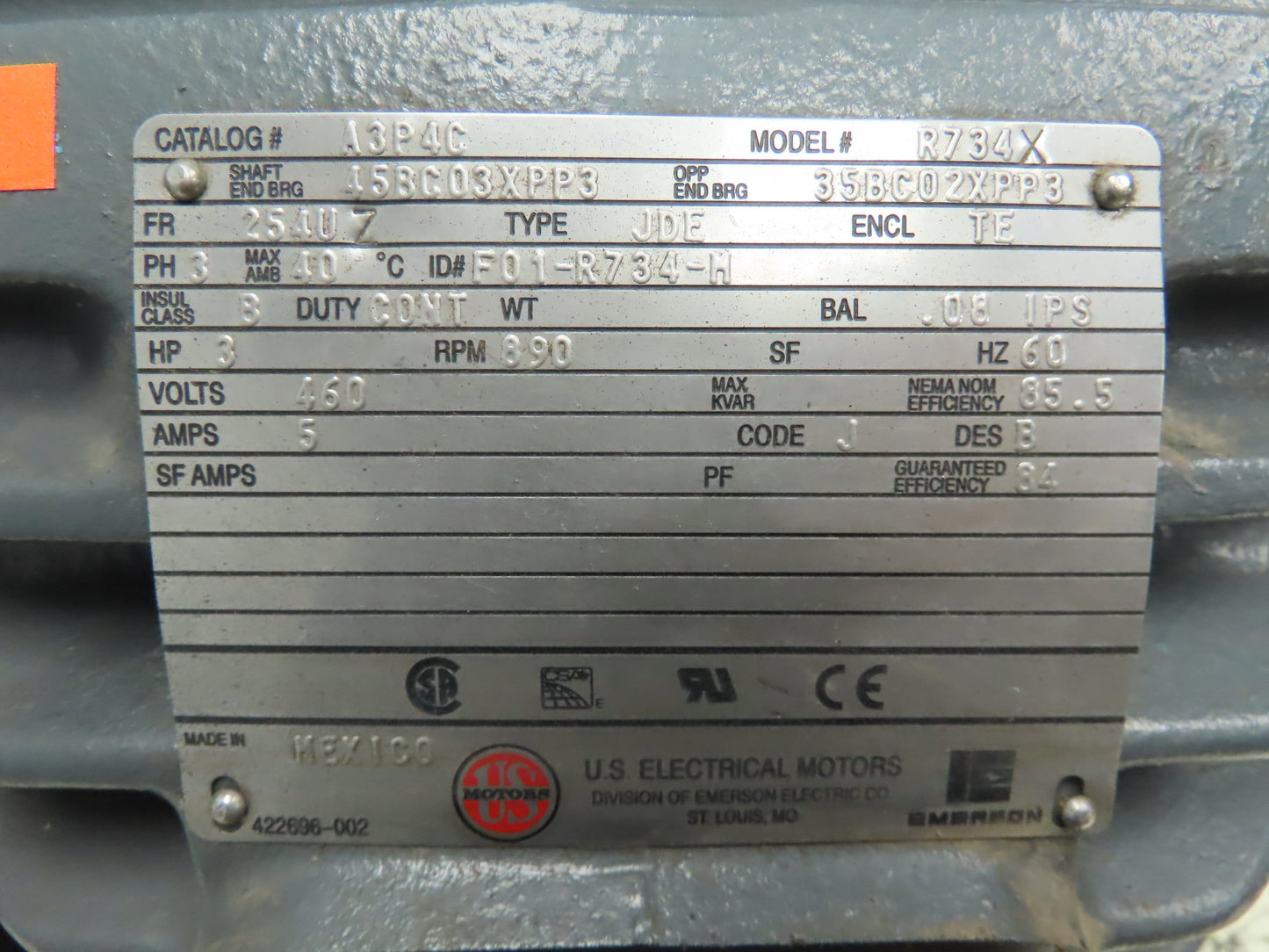 US Electric R734X 3 Hp 890 Rpm 254U7 Frame 460 Volt 3 Phase Motor