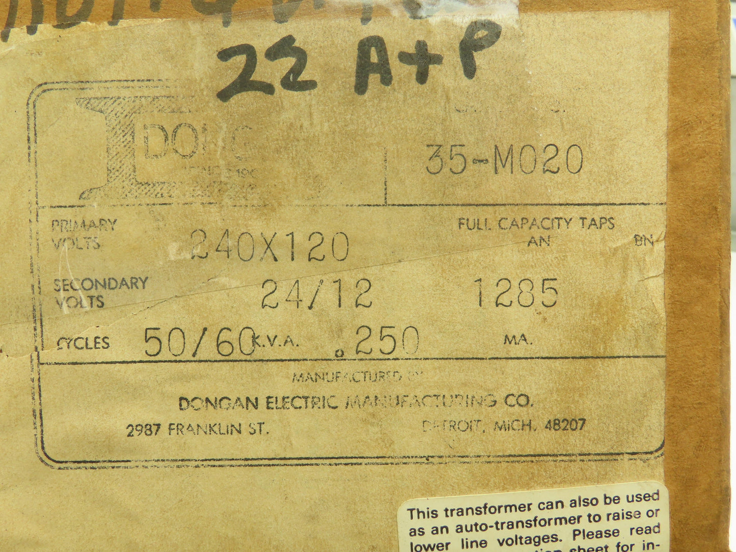 Dongan 35-M020 Power Transformer 120/240V Primary 24/12V Sec 1PH 250KVA