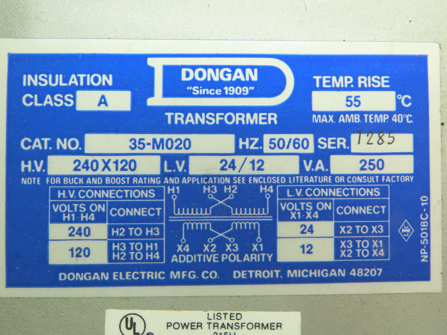 Dongan 35-M020 Power Transformer 120/240V Primary 24/12V Sec 1PH 250KVA