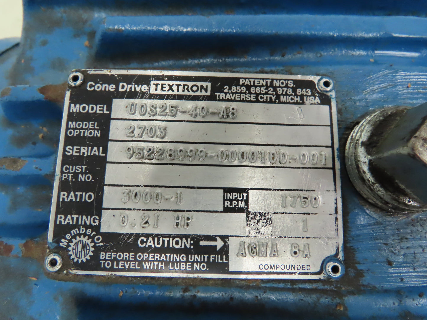 Cone Drive Textron U0S25-40-A8 3000:1 Double Reduction Gear Reducer 2-11/16" HS.