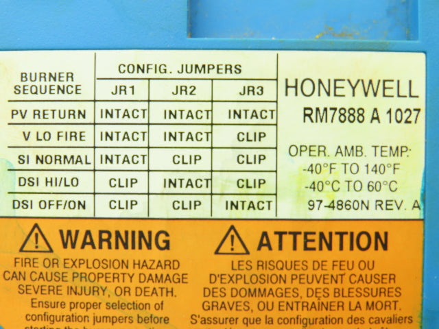 Honeywell RM7888 A 1027 Burner Control Flame Amplifier Automatic Primary Control