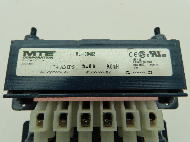 MTE RL-00403 Three Phase Line Reactor 9.0mH 4 Amp Ith=6A 600V Lot of 2