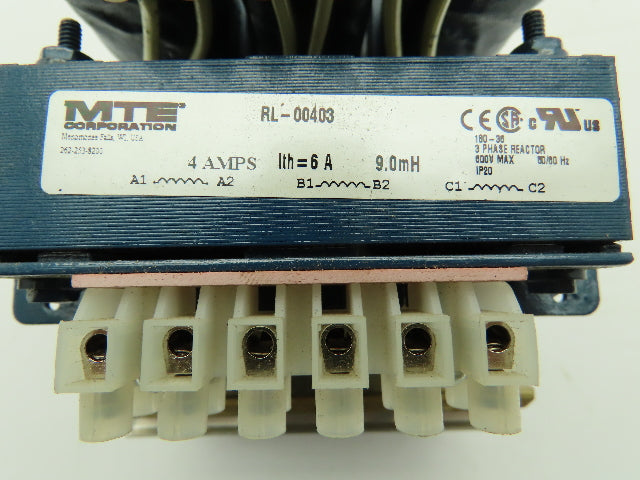 MTE RL-00403 Three Phase Line Reactor 9.0mH 4 Amp Ith=6A 600V Lot of 2