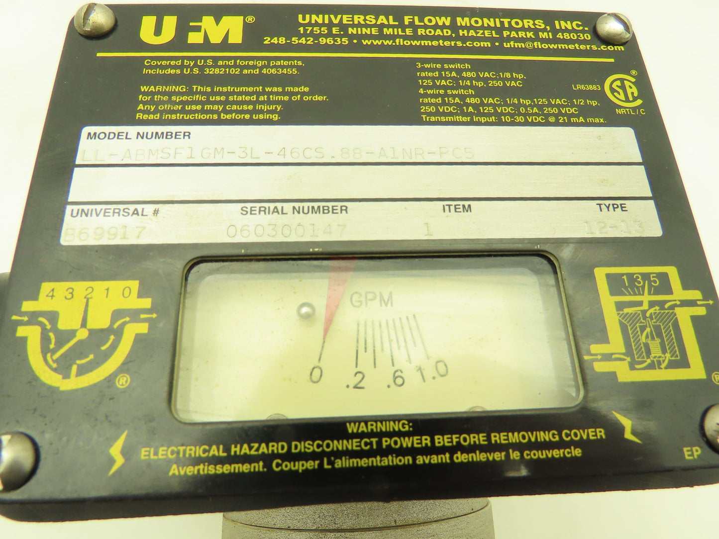Universal Flow Monitors LL-ABMSF1GM-3L-46CS.88-A1NR-PC5 1 GPM 3 Wire Switch