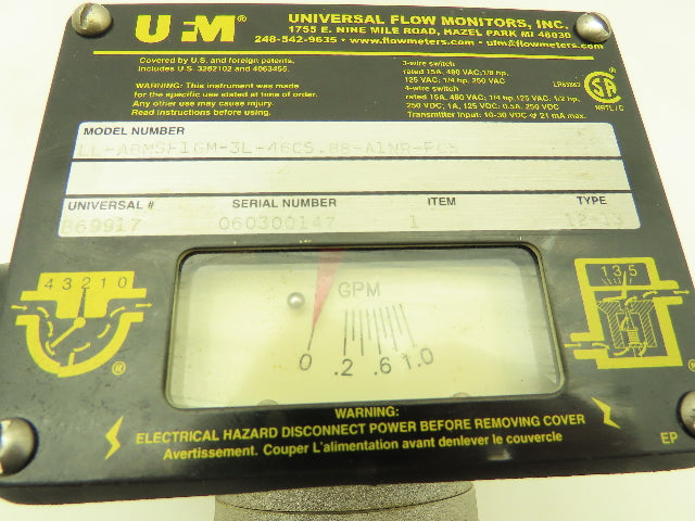 Universal Flow Monitors LL-ABMSF1GM-3L-46CS.88-A1NR-PC5 1 GPM 3 Wire Switch