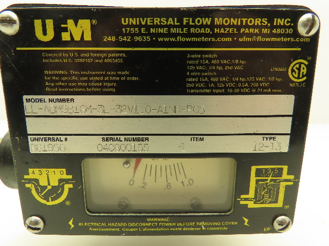Universal Flow Monitors LL-ABMSB1GM-3L-32V1.0-A1NR-PC5 Flow Rate 1 GPM