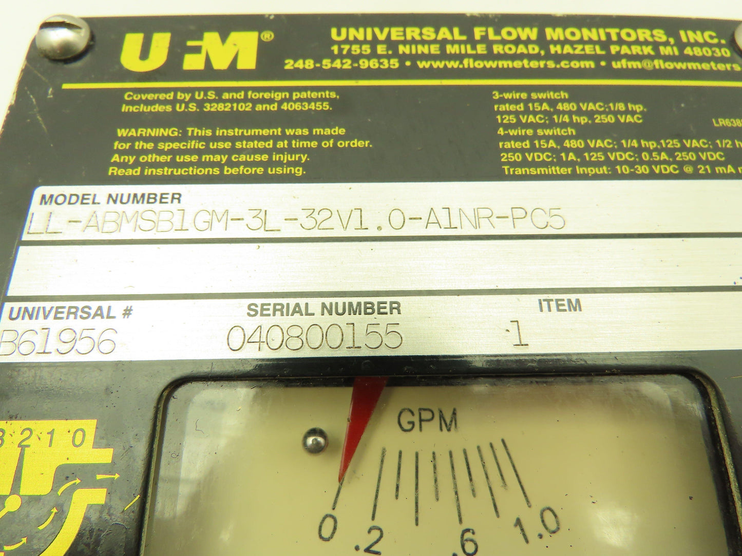 Universal Flow Monitors LL-ABMSB1GM-3L-32V1.0-A1NR-PC5 Flow Rate 1 GPM