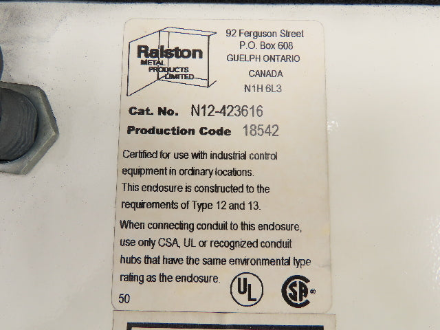 Ralston N12-423616 Electrical Enclosure NEMA 12 42x36x16" Back Panel Hinged Door
