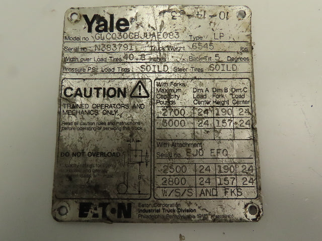 Husco 8522716 Rev. 3 Forklift Hydraulic Control Valve off a Yale GLC040VXNVSE083
