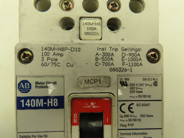 Allen Bradley 140M-H8P-D10 Motor Circuit Protector Breaker 100 A 600V 3 Pole