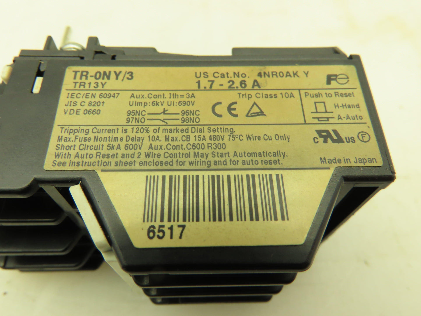 Fuji Electric TR-0NY/3 TR-0NY 4NR0AK Overload Relay 1.7-2.6 A Amp Lot of 6