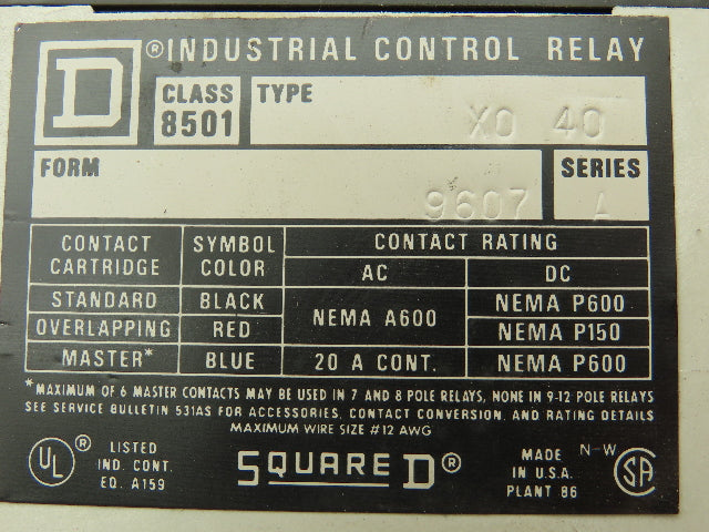 Square D Control Relay Eight/Four Pole Series A 600V 20A 240V Coil Lot of 4