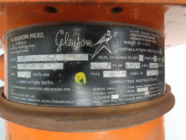 Gleason S35C-43-9-3 Retractable Power Cable Reel 600V 35A 12AWG 4C 25' Cord