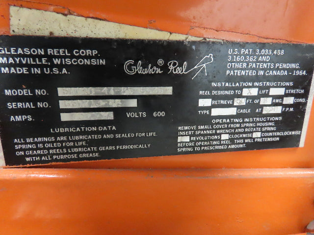 Gleason SM100-47-85-6535 Retractable Power Cable Reel 600V 75A 8AWG 4C 60' Cord