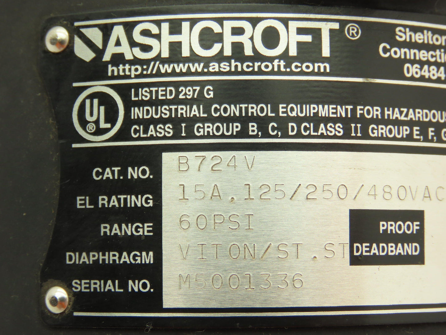 Ashcroft B724V Pressure Switch 15A 125/250/480VAC 60/500 PSI Hazardous Location