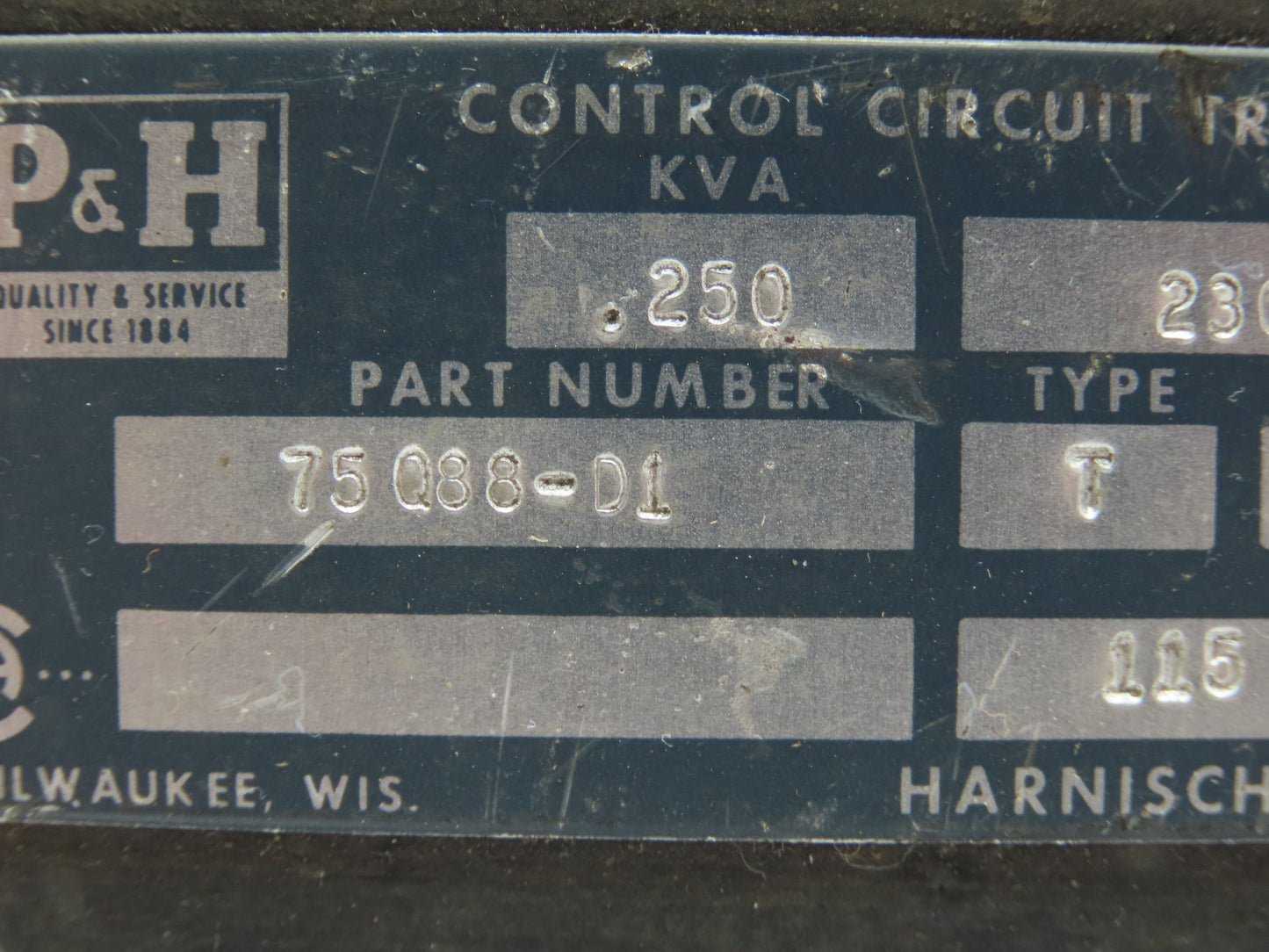 P& H 75Q88-D1 Control Transformer Type T .250 KVA 230/460V Pri 115V Sec