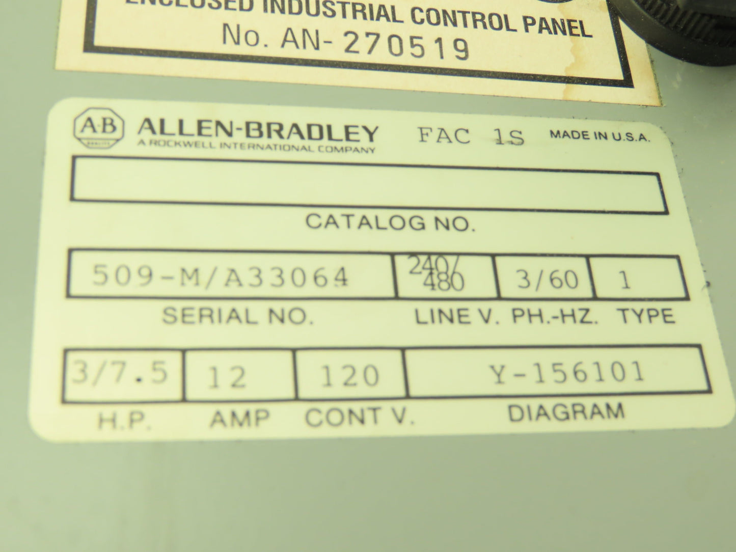 Allen Bradley Combination Motor Starter Overload 3 Ph 600V 12A 27A Enclosure
