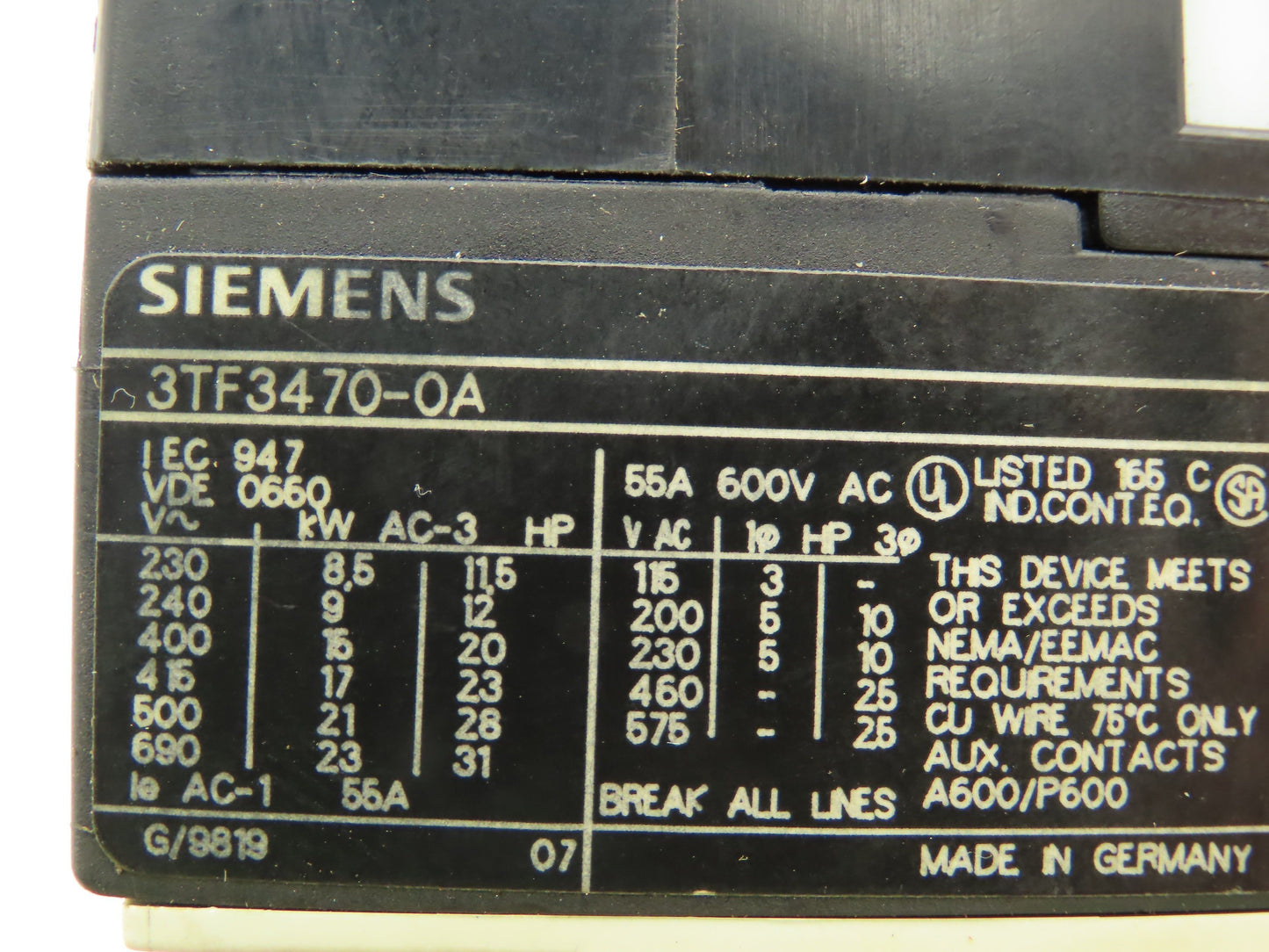Siemens 3TF3470-0A IEC Contactor 55A 3P 3PH 230V Coil 2NO/2NC