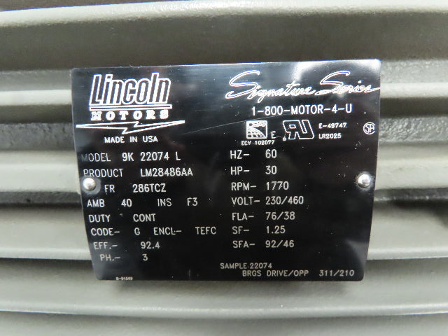 Lincoln Electric Motor 9K22074L 30 HP 230/460V 1770 RPM TEFC Dual Shaft 286TCZ