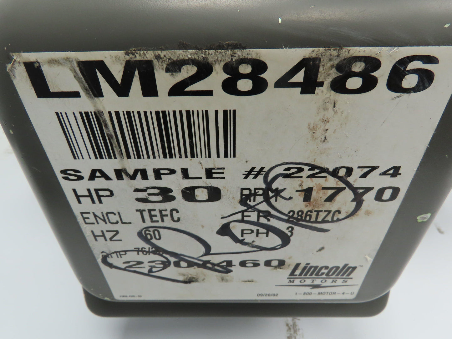 Lincoln Electric Motor 9K22074L 30 HP 230/460V 1770 RPM TEFC Dual Shaft 286TCZ