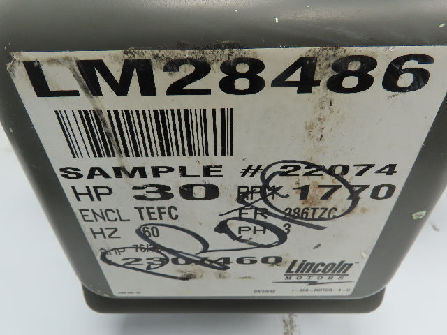 Lincoln Electric Motor 9K22074L 30 HP 230/460V 1770 RPM TEFC Dual Shaft 286TCZ