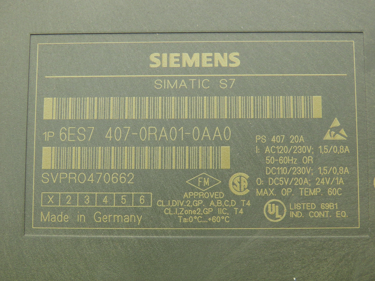 Siemens 6ES7 407-0RA01-0AA0 Simatic S7-400 Power Supply Module 120/230V 20A