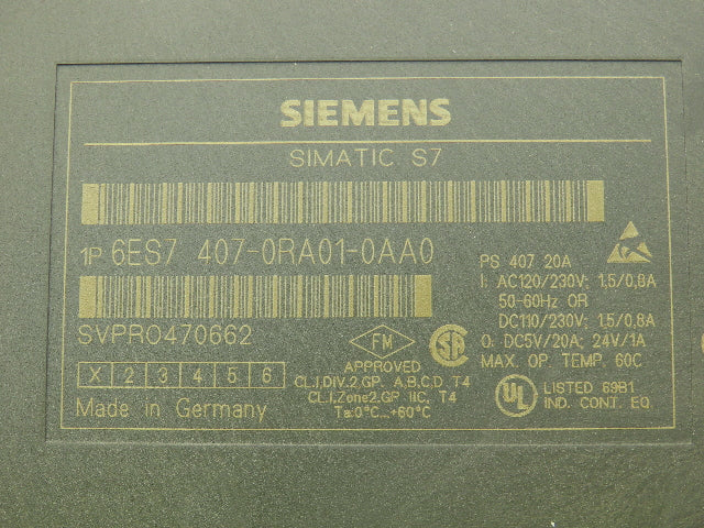 Siemens 6ES7 407-0RA01-0AA0 Simatic S7-400 Power Supply Module 120/230V 20A