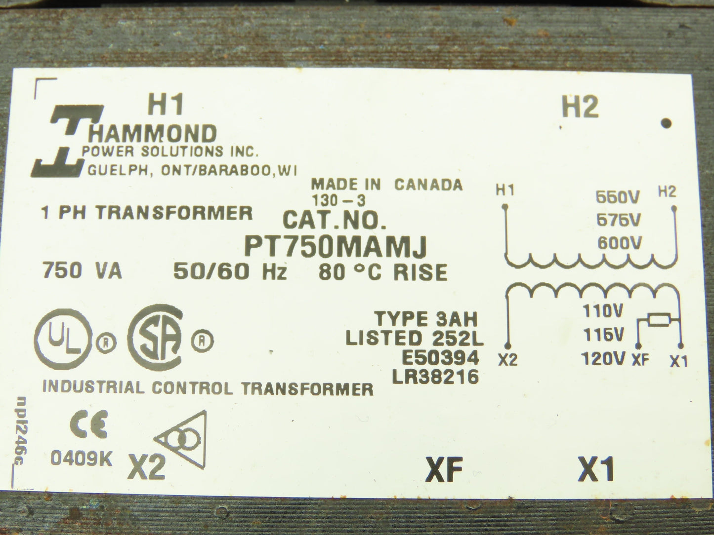 Hammond PT750MAMJ Type 3AH Single Phase Transformer 750VA 600V / 120V 1PH