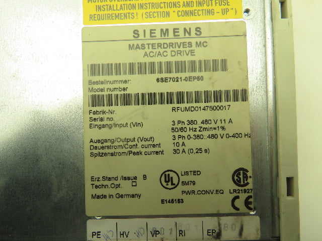 Siemens 6SE7021-0EP50 Simovert Masterdrives MC AC/AC Servo Drive 10A 480V 3PH