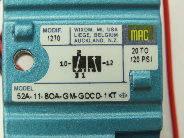 MAC 52A-11-B0A-GM-GDCD-1KT Pneumatic Solenoid Valve 20-120 PSI 24 VDC Coil