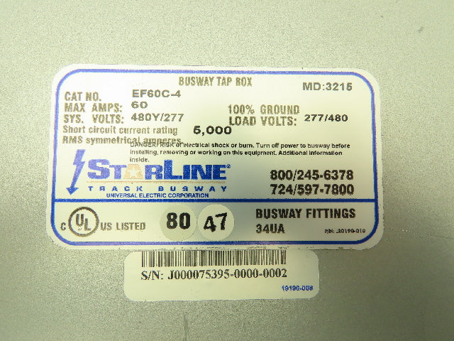 StarLine EF60C-4 Track Busway End Feed Unit Tap Box 60A 480Y/277V 3Ph