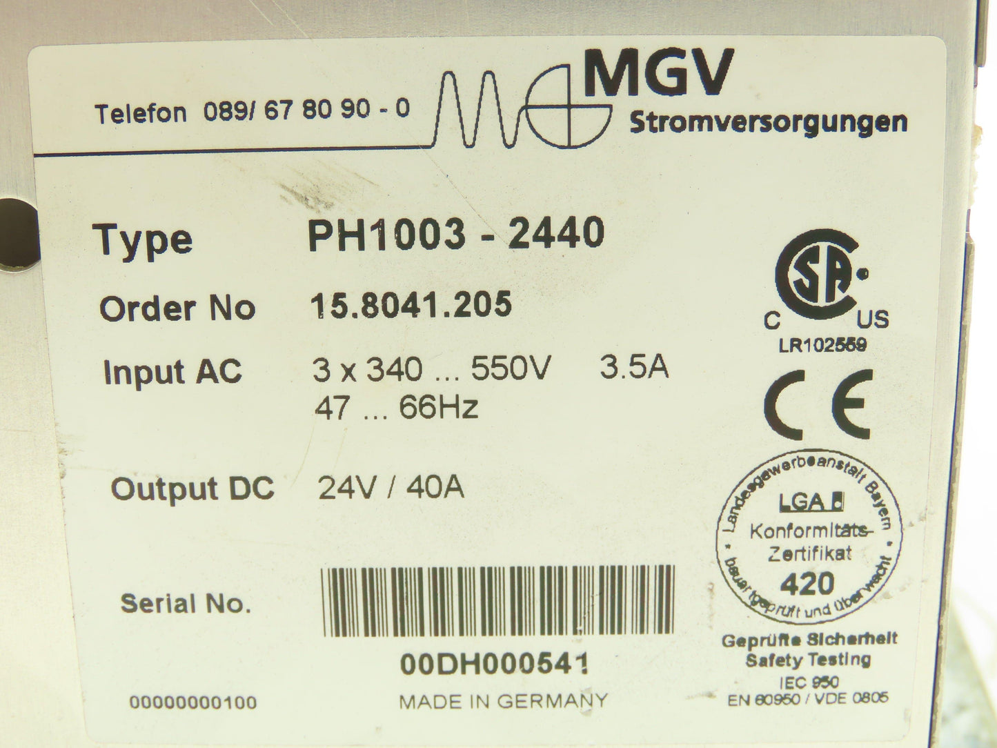 MGV PH1003-2440 Power Supply 24V 40A Out - 3PH 340-550V Input